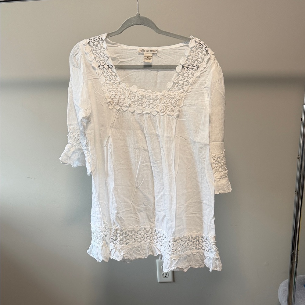 Coldwater Creek White Crochet Trim Blouse